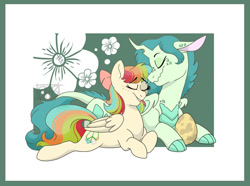 Size: 1200x892 | Tagged: safe, artist:broohan, imported from derpibooru, oc, oc only, oc:boston fern, oc:iris, pegasus, pony, egg, eyes closed, female, lesbian, mare, oc x oc, offspring, offspring's offspring, parent:oc:princess iridescence, parent:oc:prism bolt, parent:oc:rosemary, parent:oc:turquoise blitz, parents:oc x oc, prone, shipping