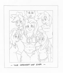 Size: 1280x1478 | Tagged: safe, artist:zacharyisaacs, imported from derpibooru, applejack, fluttershy, pinkie pie, rainbow dash, rarity, twilight sparkle, twilight sparkle (alicorn), alicorn, anthro, earth pony, pegasus, unicorn, abs, bikini, bodybuilder, bodybuilding contest, breasts, busty fluttershy, clothes, coach rainbow dash, contest winner, crying, cutie mark, cutie mark underwear, female, hat, mane six, mare, medal, monochrome, muscles, muscleshy, photo, simple background, story included, swimsuit, thunder thighs, tongue out, tumblr comic, white background, winner