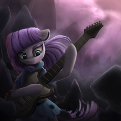 Size: 1500x1500 | Tagged: safe, artist:vanillaghosties, imported from derpibooru, maud pie, earth pony, pony, rock solid friendship, clothes, electric guitar, eyeshadow, female, guitar, makeup, mare, musical instrument, solo