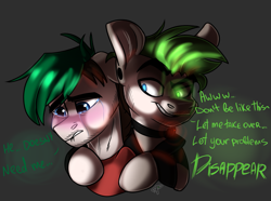 Size: 1491x1111 | Tagged: safe, artist:swoopypoolin, imported from derpibooru, oc, oc only, pony, antisepticeye, crying, duo, jacksepticeye, male, ponified, simple background, stallion, youtuber