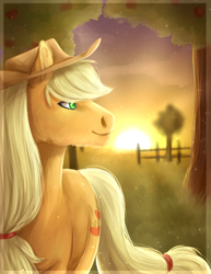 Size: 1700x2200 | Tagged: safe, artist:lou1911, imported from derpibooru, applejack, earth pony, pony, apple tree, female, fence, fluffy, mare, solo, sunset, tree, twilight (astronomy)