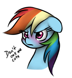 Size: 821x886 | Tagged: artist needed, safe, imported from derpibooru, rainbow dash, pegasus, pony, blatant lies, blushing, bust, cute, dashabetes, dialogue, female, floppy ears, frown, glare, i'm not cute, mare, simple background, solo, tsunderainbow, tsundere, unamused, white background