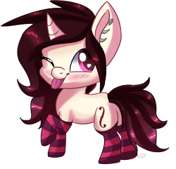 Size: 1228x1180 | Tagged: safe, artist:lyra-stars, artist:lyrakitty, imported from derpibooru, oc, oc only, pony, unicorn, clothes, female, mare, one eye closed, simple background, socks, solo, striped socks, tongue out, transparent background, wink