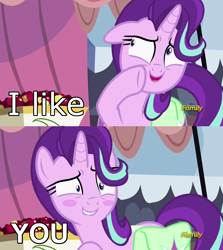 Size: 1256x1406 | Tagged: safe, edit, edited screencap, imported from derpibooru, screencap, starlight glimmer, pony, rock solid friendship, blush sticker, blushing, discovery family logo, exploitable meme, female, image macro, meme, screencap comic, solo, starlight's confessions