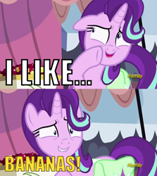 Size: 1256x1406 | Tagged: safe, edit, edited screencap, imported from derpibooru, screencap, starlight glimmer, pony, unicorn, rock solid friendship, discovery family logo, do you like bananas?, exploitable meme, female, image macro, meme, shrunken pupils, solo, starlight's confessions, sweat