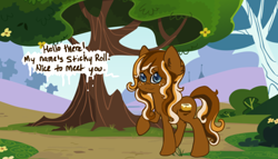 Size: 500x286 | Tagged: safe, artist:spottyfreak, imported from derpibooru, oc, oc only, oc:sticky roll, earth pony, pony, ask, food, frosting, solo, tree, tumblr