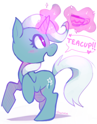 Size: 808x1032 | Tagged: safe, artist:sharmie, imported from derpibooru, trixie, pony, unicorn, all bottled up, cup, cute, female, glowing horn, magic, mare, simple background, smiling, solo, teacup, that pony sure does love teacups, white background