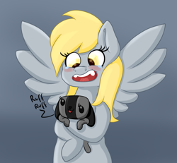 Size: 1269x1173 | Tagged: safe, artist:wizardski, imported from derpibooru, derpy hooves, dog, pegasus, pony, duo, duo female, female, mare, nintendo, nintendo switch, solo, switch dog