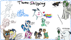 Size: 1920x1080 | Tagged: safe, artist:binkyt11, artist:cutepencilcase, artist:gift, artist:strangersaurus, imported from derpibooru, buried treasure, derpy hooves, doctor caballeron, doctor whooves, lyra heartstrings, princess cadance, shining armor, time turner, oc, alicorn, earth pony, goat, pegasus, pony, squirrel, unicorn, blushing, brain, buralleron, clothes, dialogue, drawpile disasters, female, flower, gun, heart, heart eyes, literal, literal shipping, mailmare, male, mare, rainbow, raritato, shipping, socks, speech bubble, spread wings, stallion, straight, tree, weapon, wingding eyes, wings