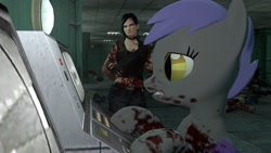 Size: 1920x1080 | Tagged: safe, artist:thebighackintosh, imported from derpibooru, oc, oc only, oc:midnight blossom, bat pony, human, pony, 3d, apocalypse, blood, gmod, gun, weapon