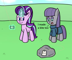 Size: 1001x835 | Tagged: safe, artist:techreel, imported from derpibooru, maud pie, starlight glimmer, pony, rock solid friendship, kite, kite flying, levitation, magic, rock, telekinesis, that pony sure does love rocks