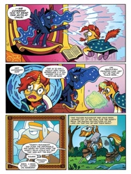 Size: 720x960 | Tagged: safe, artist:brendahickey, idw, imported from derpibooru, princess luna, rockhoof, sunburst, alicorn, earth pony, pony, unicorn, spoiler:comic, spoiler:comiclom2, canterlot, canterlot castle, canterlot throne room, comic, ethereal mane, female, magic, male, mare, official comic, preview, rockhoof's shovel, royal we, shovel, speech bubble, squee, stallion, starry mane, telekinesis, traditional royal canterlot voice