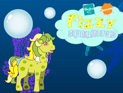 Size: 1024x768 | Tagged: safe, artist:4-chap, imported from derpibooru, fizzy, pony, unicorn, blue background, bow, bubble, crossover, female, g1, hasbro, logo, mare, nickelodeon, ocean, simple background, solo, spongebob squarepants, spongebob squarepants (character), tail bow