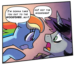 Size: 456x389 | Tagged: safe, artist:tonyfleecs, edit, idw, imported from derpibooru, rainbow dash, shadow lock, pegasus, pony, unicorn, spoiler:comic53, dialogue, female, imminent spanking, male, mare, open mouth, speech bubble, stallion, the man they call ghost, true capitalist radio, woodshed