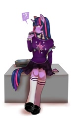 Size: 1200x2000 | Tagged: safe, artist:fierrequin, imported from derpibooru, twilight sparkle, anthro, backpack, blushing, clothes, cute, female, hair twirl, kneesocks, necktie, pleated skirt, question mark, schoolgirl, shirt, shoes, shy, simple background, sitting, skirt, socks, solo, sweater, twiabetes, white background