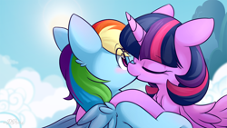 Size: 1920x1080 | Tagged: safe, artist:dshou, edit, editor:andyfish, imported from derpibooru, rainbow dash, twilight sparkle, alicorn, pony, blushing, cloud, female, flying, kissing, lesbian, mare, shipping, sky, twidash, twilight sparkle (alicorn)