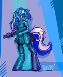 Size: 838x1024 | Tagged: safe, artist:turbinedivinity, imported from derpibooru, oc, oc only, oc:skyfall, anthro, unguligrade anthro, unicorn, clothes, commission, dress, female, gun, latex, rubber, solo, weapon