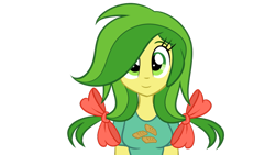 Size: 900x506 | Tagged: safe, artist:wubcakeva, imported from derpibooru, apple fritter, equestria girls, adorasexy, apple family member, bow, breasts, busty apple fritter, clothes, cute, cutie mark on clothes, equestria girls-ified, female, fritterbetes, green hair, hair bow, looking at you, sexy, shirt, simple background, smiling, solo, transparent background