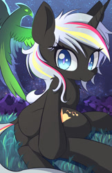 Size: 770x1190 | Tagged: safe, artist:kawaiipony2, imported from derpibooru, oc, oc only, oc:pyrelight, oc:velvet remedy, balefire phoenix, phoenix, pony, unicorn, fallout equestria, butt, female, grass field, mare, night, plot, scenery, stars