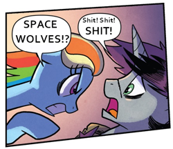 Size: 445x385 | Tagged: safe, artist:tonyfleecs, edit, idw, imported from derpibooru, rainbow dash, shadow lock, pegasus, pony, unicorn, spoiler:comic53, female, if the emperor had a text-to-speech device, magnus the red, male, mare, space wolves, stallion, this will end in heresy, this will end in pain, this will end in warp storms, vulgar, warhammer (game), warhammer 40k