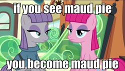 Size: 1920x1088 | Tagged: safe, edit, edited screencap, imported from derpibooru, screencap, maud pie, pinkie pie, pony, rock solid friendship, behaving like maud pie, discovery family logo, image macro, impersonating, meme, sitting, weegee