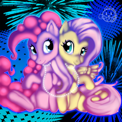 Size: 800x800 | Tagged: safe, artist:thepinkdemon, imported from derpibooru, fluttershy, pinkie pie, earth pony, pegasus, pony, abstract background, female, leash, mare, sitting