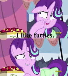 Size: 915x1024 | Tagged: safe, edit, edited screencap, imported from derpibooru, screencap, starlight glimmer, pony, rock solid friendship, discovery family logo, exploitable meme, fat fetish, female, fetish, meme, solo, starlight's confessions