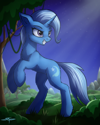 Size: 1080x1345 | Tagged: safe, artist:setharu, imported from derpibooru, trixie, pony, unicorn, cheek fluff, female, fluffy, grin, mare, rearing, smiling, solo