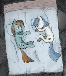 Size: 600x687 | Tagged: safe, artist:restartbob, imported from derpibooru, oc, oc only, oc:mercury vapour, oc:sylvanshine, pony, bed, female, lesbian, sleeping