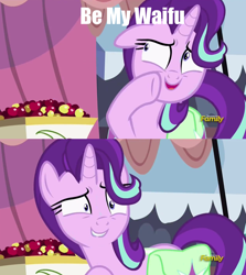 Size: 1256x1406 | Tagged: safe, edit, edited screencap, imported from derpibooru, screencap, starlight glimmer, pony, rock solid friendship, discovery family logo, exploitable meme, female, meme, solo, starlight's confessions, waifu