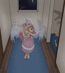 Size: 3014x3352 | Tagged: safe, artist:ergos, imported from derpibooru, fluttershy, oc, oc only, human, doll, female, hallway, non-mlp oc, plushie, solo, toy, wings