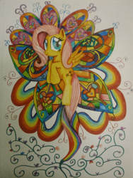 Size: 1024x1365 | Tagged: safe, artist:lavendercat94, imported from derpibooru, fluttershy, pony, female, flying, solo, traditional art