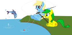 Size: 4044x2000 | Tagged: safe, artist:audiobeatzz, imported from derpibooru, oc, oc only, oc:clarissa streams, oc:lily spark, earth pony, fish, pony, absurd resolution, earth pony oc, female, fishing, high res, mare, open mouth, open smile, simple background, sitting, smiling, transparent background