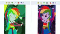 Size: 427x245 | Tagged: safe, edit, edited screencap, imported from derpibooru, screencap, captain planet, rainbow dash, teddy t. touchdown, tennis match, derpibooru, equestria girls, equestria girls (movie), animated, background human, clothes, dancing, dress, eyes closed, fall formal outfits, gif, juxtaposition, meta, smiling