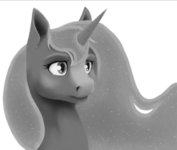 Size: 2000x1695 | Tagged: safe, artist:geomancing, imported from derpibooru, princess luna, pony, bust, female, grayscale, monochrome, portrait, simple background, solo