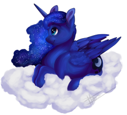 Size: 2034x1841 | Tagged: safe, artist:loladotz, imported from derpibooru, princess luna, pony, cloud, female, prone, simple background, smiling, solo, transparent background