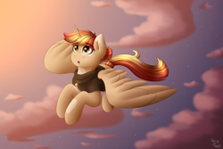 Size: 3000x2000 | Tagged: safe, artist:spirit-dude, imported from derpibooru, oc, oc only, oc:hera, alicorn, pony, alicorn oc, clothes, cloud, commission, female, flying, looking at something, mare, sky, solo, ych result