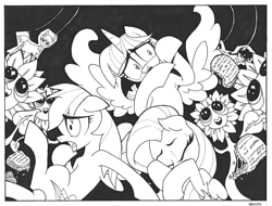 Size: 1575x1200 | Tagged: safe, artist:abronyaccount, imported from derpibooru, fluttershy, rainbow dash, twilight sparkle, alicorn, pegasus, pony, do princesses dream of magic sheep, scare master, armpits, black and white, black background, eyes closed, female, flower, food, grayscale, lineart, mare, monochrome, neon genesis evangelion, nightmare sunflower, open mouth, quesadilla, ranma 1/2, ranma saotome, rei ayanami, simple background, sunflower, they're just so cheesy, twilight sparkle (alicorn), unplanned guests