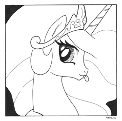 Size: 926x920 | Tagged: safe, artist:abronyaccount, imported from derpibooru, princess celestia, pony, black and white, bust, face, female, grayscale, lineart, majestic as fuck, monochrome, profile, sillestia, silly, silly pony, solo, tongue out