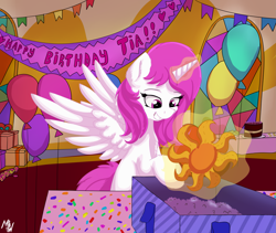 Size: 2723x2300 | Tagged: safe, artist:php80, imported from derpibooru, princess celestia, alicorn, pony, balloon, birthday, cake, celestia day, food, grin, happy, magic, party, pink-mane celestia, smiling, spread wings, telekinesis, wings, younger