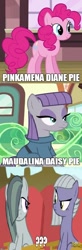 Size: 448x1373 | Tagged: safe, edit, edited screencap, imported from derpibooru, screencap, limestone pie, marble pie, maud pie, pinkie pie, pony, rock solid friendship, full name, maudalina daisy pie, pie sisters, pinkamena diane pie, screencap comic, siblings, sisters, wrong aspect ratio