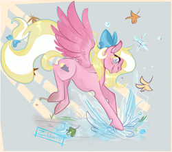 Size: 1700x1500 | Tagged: safe, artist:zakkurro, imported from derpibooru, oc, oc only, oc:bay breeze, pegasus, pony, abstract background, bow, female, hair bow, happy, jumping, leaves, mare, puddle, solo, spread wings, tail bow, wings