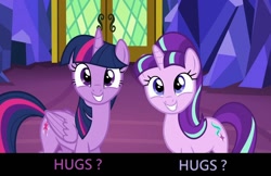Size: 1280x828 | Tagged: safe, imported from derpibooru, starlight glimmer, twilight sparkle, alicorn, pony, unicorn, the cutie re-mark, bronybait, cute, duo, female, glimmerbetes, hug request, image macro, mare, meme, twiabetes, twilight sparkle (alicorn)