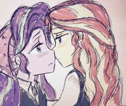 Size: 1280x1074 | Tagged: safe, artist:angeltorchic, imported from derpibooru, starlight glimmer, sunset shimmer, equestria girls, mirror magic, spoiler:eqg specials, blushing, clothes, colored sketch, duo, female, implied kissing, lesbian, looking at each other, shimmerglimmer, shipping