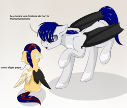 Size: 1024x874 | Tagged: safe, artist:little-sketches, artist:php146, imported from derpibooru, oc, oc only, oc:amane, oc:kurai chinmoku, bat pony, pony, cute, fangs, father and daughter, female, filly, floppy ears, male, offspring, parent:oc:kurai chinmoku, parent:oc:yeri, parents:oc x oc, raised hoof, simple background, smiling, spanish, stallion, translated in the comments