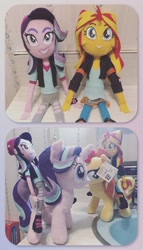 Size: 1049x1837 | Tagged: safe, artist:lucaspratt, derpibooru exclusive, imported from derpibooru, starlight glimmer, sunset shimmer, pony, equestria girls, mirror magic, spoiler:eqg specials, female, human ponidox, humans riding ponies, irl, photo, plushie, riding, self ponidox, self riding