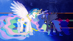 Size: 1920x1080 | Tagged: safe, artist:90sigma, artist:laszlvfx, edit, imported from derpibooru, princess celestia, princess luna, alicorn, pony, crossed horns, eyes closed, female, horn, horns are touching, mare, royal sisters, sisters, wallpaper, wallpaper edit