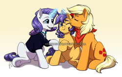 Size: 1200x757 | Tagged: safe, artist:hazurasinner, imported from derpibooru, applejack, rarity, oc, oc:apple syrup, earth pony, pony, unicorn, bow, cheek kiss, female, filly, freckles, hair bow, kiss on the cheek, kissing, lesbian, magic, magical lesbian spawn, mare, mother and daughter, offspring, parent:applejack, parent:rarity, parents:rarijack, rarijack, shipping, telekinesis, watermark