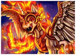 Size: 1024x739 | Tagged: safe, artist:crazydragonqueen, imported from derpibooru, daybreaker, alicorn, pony, a royal problem, evil grin, female, grin, mane of fire, scene interpretation, sharp teeth, smiling, solo, stars, teeth