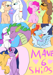 Size: 1520x2136 | Tagged: safe, artist:tiatinatia, imported from derpibooru, applejack, cheese sandwich, flash sentry, pinkie pie, prince blueblood, rainbow dash, rarity, soarin', spike, twilight sparkle, alicorn, dragon, pony, bluejack, cheesepie, female, flashlight, heart, hug, kissing, male, older, older spike, shipping, ships ahoy, soarindash, sparity, straight, twilight sparkle (alicorn), winghug